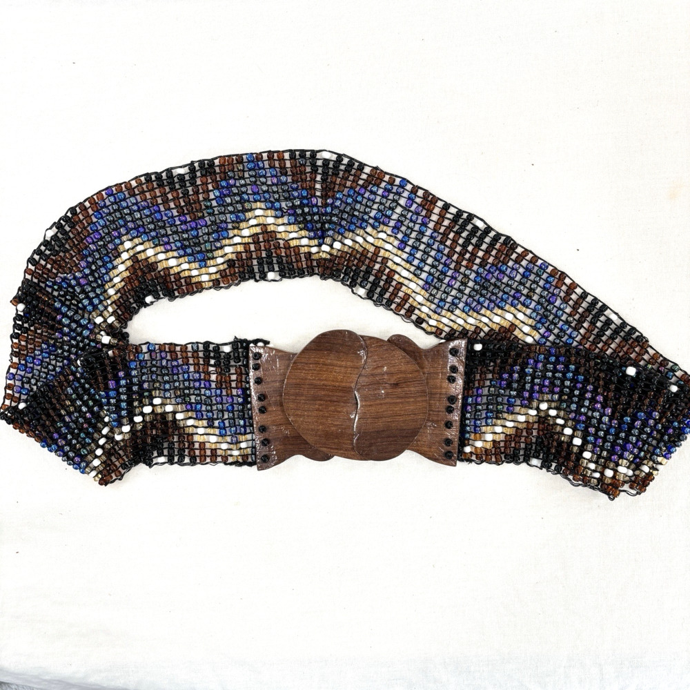 Vtg Beaded Wide Belt Wood Buckle 44" Statement Festival Artisan Boho Multicolor